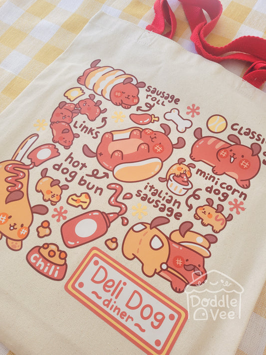 Tote bag with cartoon dog-themed illustrations and 'Deli Dog Diner' branding.