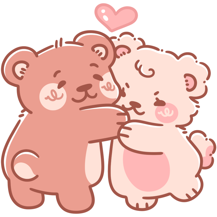 Two cartoon bears hugging with a heart above them on a white background