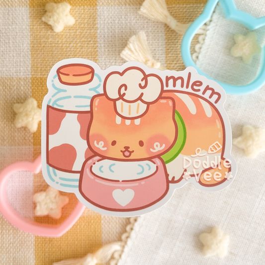 Sticker of Little Loaf or a cat drinking milk from a pink bowl with a jar of milk on the side. Words mlem appear above the cat.