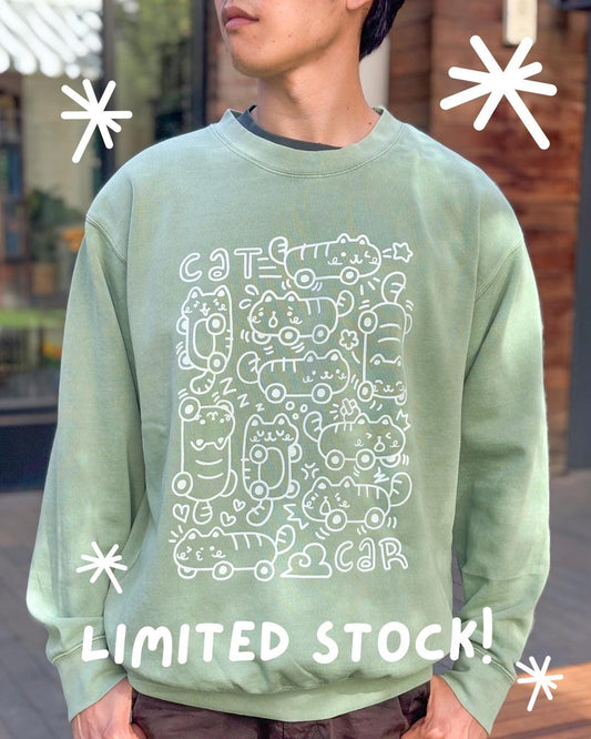 Person wearing a green sweatshirt with cat illustrations and 'LIMITED STOCK!' text.