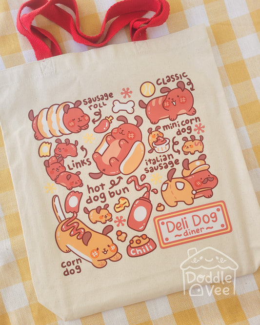 Tote bag with cartoon dog-themed illustrations on a checkered background
